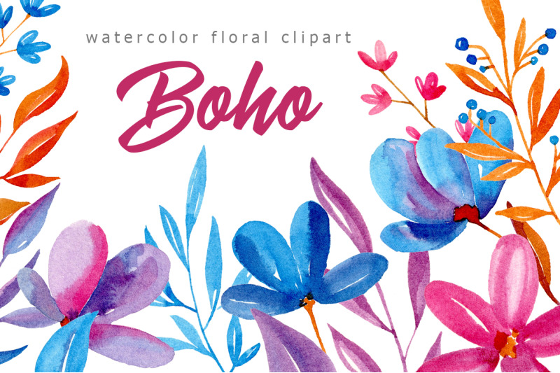boho-watercolor-flowers-blue-and-purple-pink