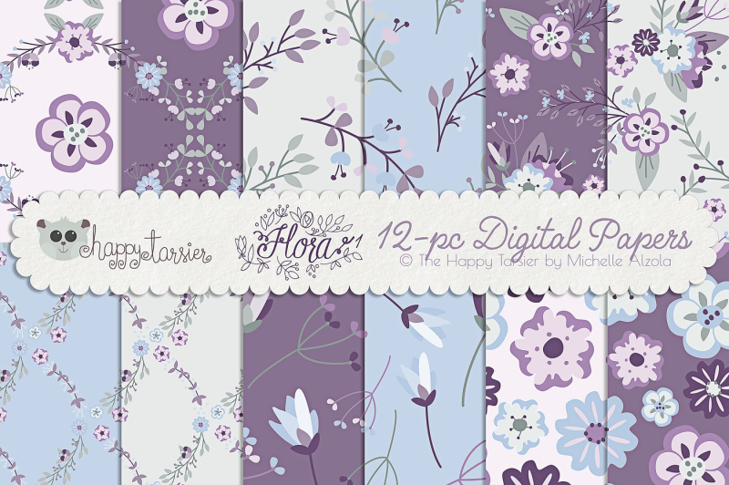Flower Digital Papers and Seamless Pattern Designs – Flora 01 – Purple,
Pink and Light Blue Flower Floral Patterns Backgrounds for Silhouette