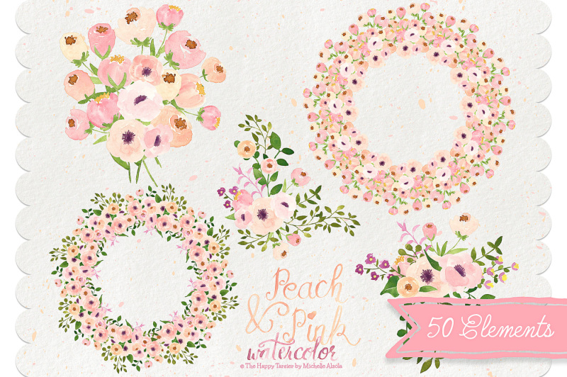 watercolor-flower-clipart-ndash-peach-amp-pink-watercolour-flower-floral-wreaths-bouquets-heart-wedding