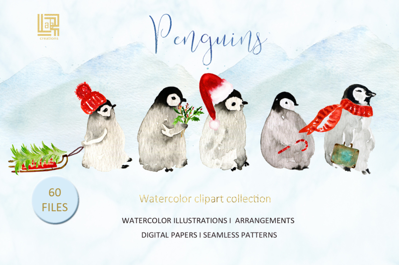 penguins-watercolor-hand-drawn-illustrations