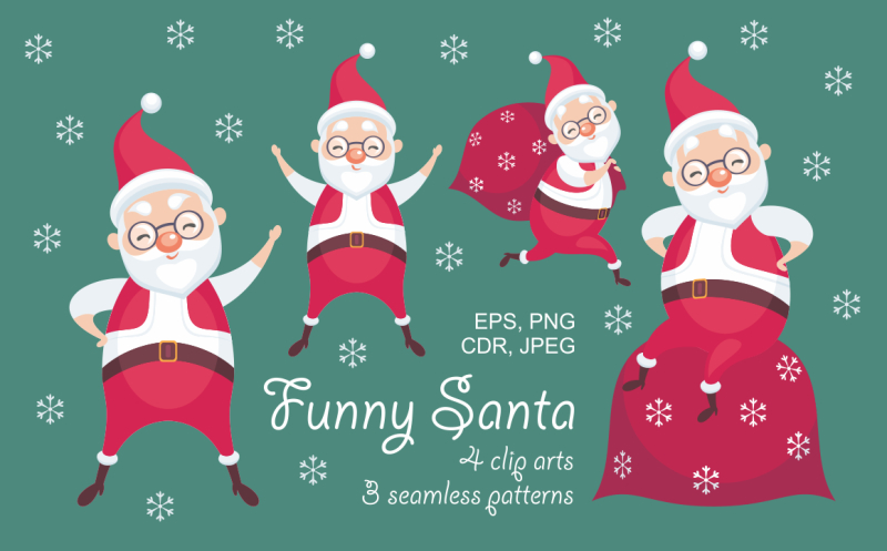 funny-santa-christmas-clip-arts-and-seamless-patterns