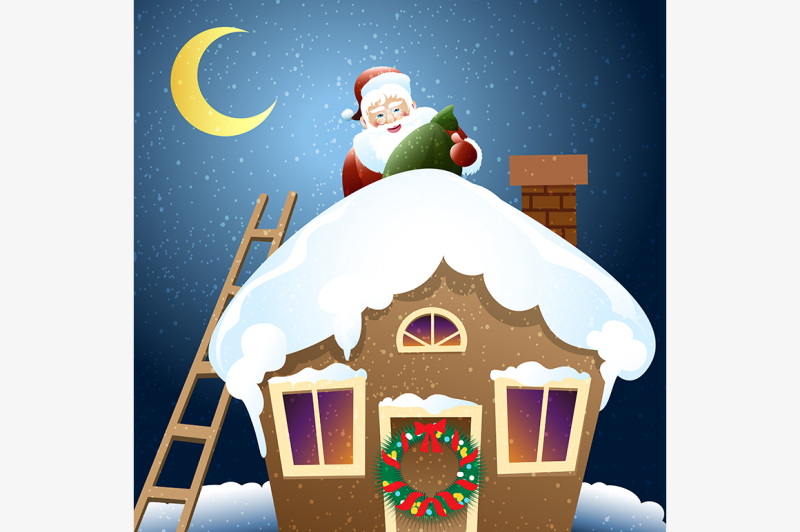 santa-claus-with-christmas-gift-on-a-roof