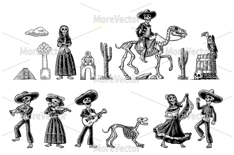 the-skeleton-in-mexican-national-costumes-dance-praying-galloping-on-horse-play-the-guitar-violin-trumpet