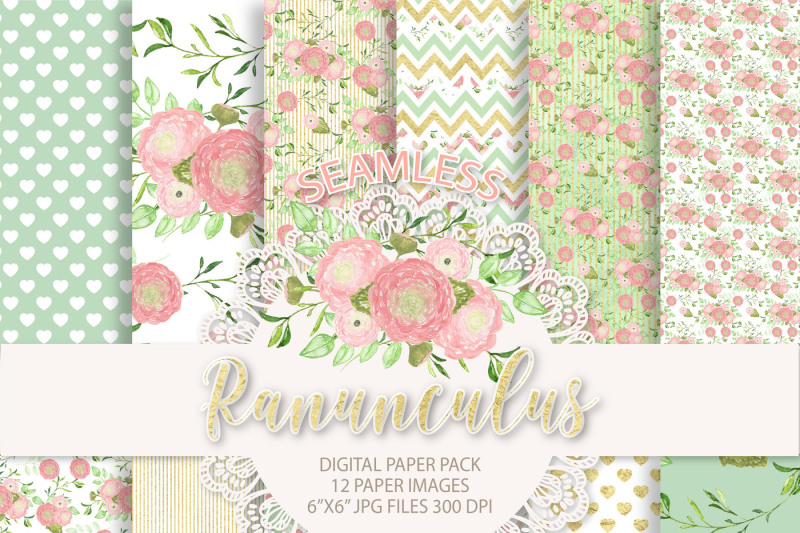 watercolor-ranunculus-flowers-digital-paper-flower-background-pink-floral-patter-dots-pattern-seamless-pattern-repeatable-digital-paper