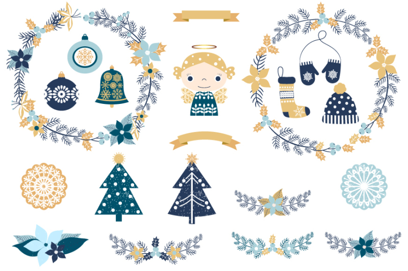 blue-gold-rustic-christmas-clipart-set-christmas-wreaths-clothes-trees