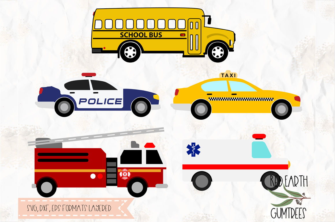 School Bus Police Car Taxi Fire Truck Ambulance Svg Dxf Eps Pdf Png By Svgbrewerydesigns Thehungryjpeg Com