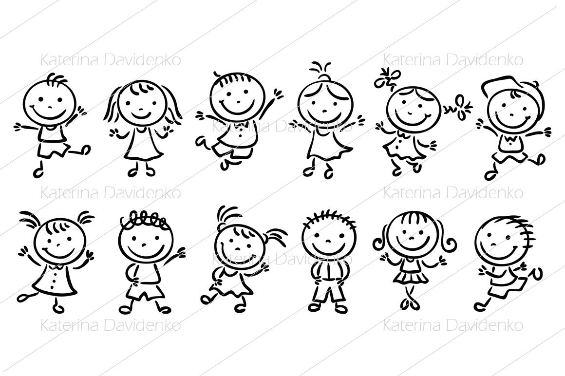 Happy cartoon sketchy kids jumping or dancing By Optimistic Kids Art |  TheHungryJPEG