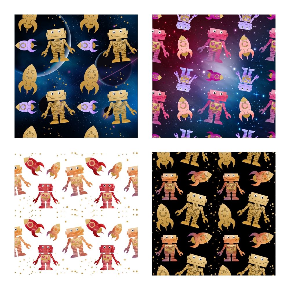 Scrapbook Paper Space, Robot & Rocket Pattern By The Dutch Lady Designs TheHungryJPEG