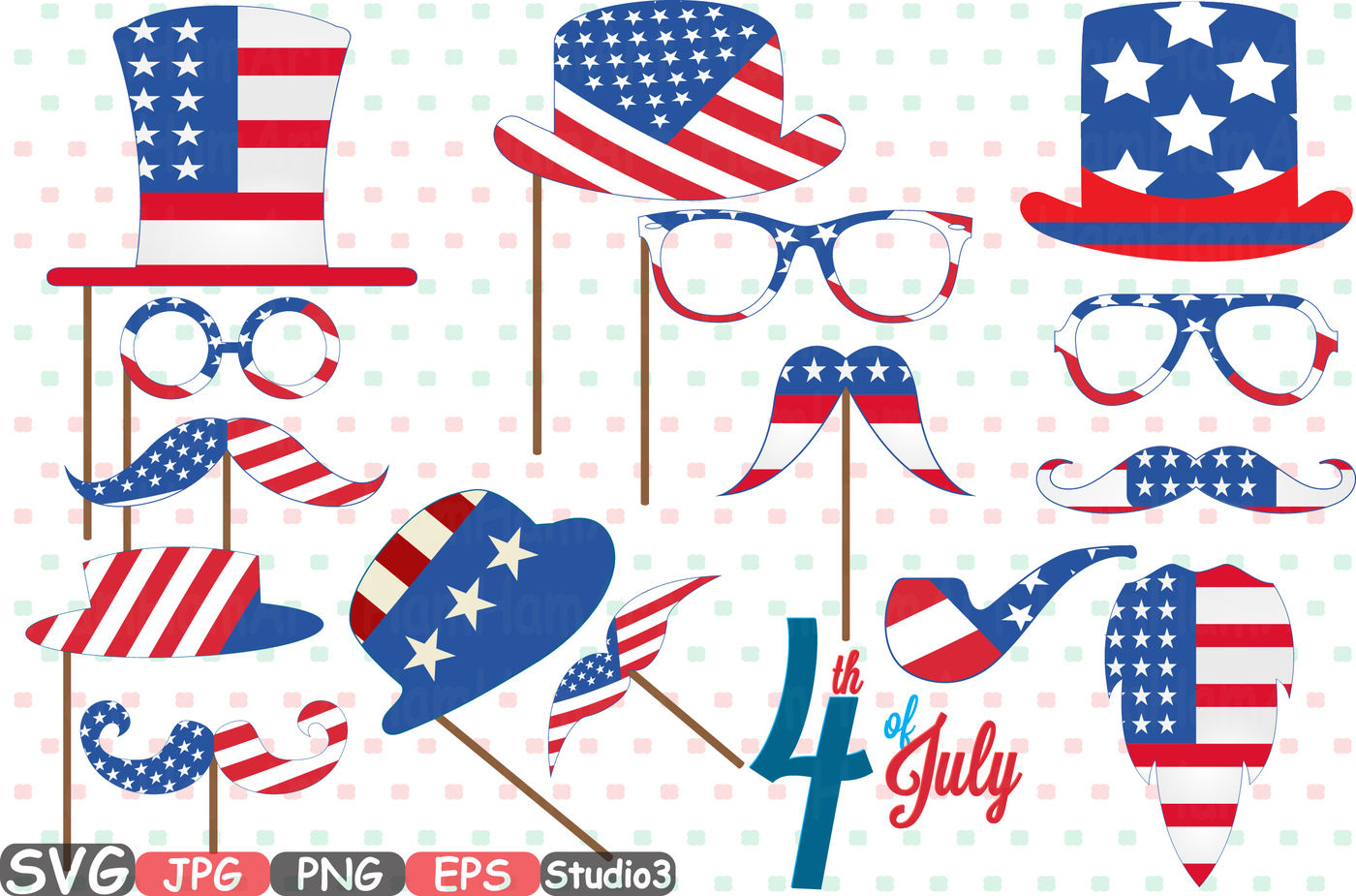 Props 4th Of July Party Photo Booth Silhouette Svg Party Birthday Clipart Bunting Cutting Files Digital Svg Eps Png Jpg Vinyl Sale Clipart Face Clip Art Digital Graphics Hat Glasses Mustache Happy