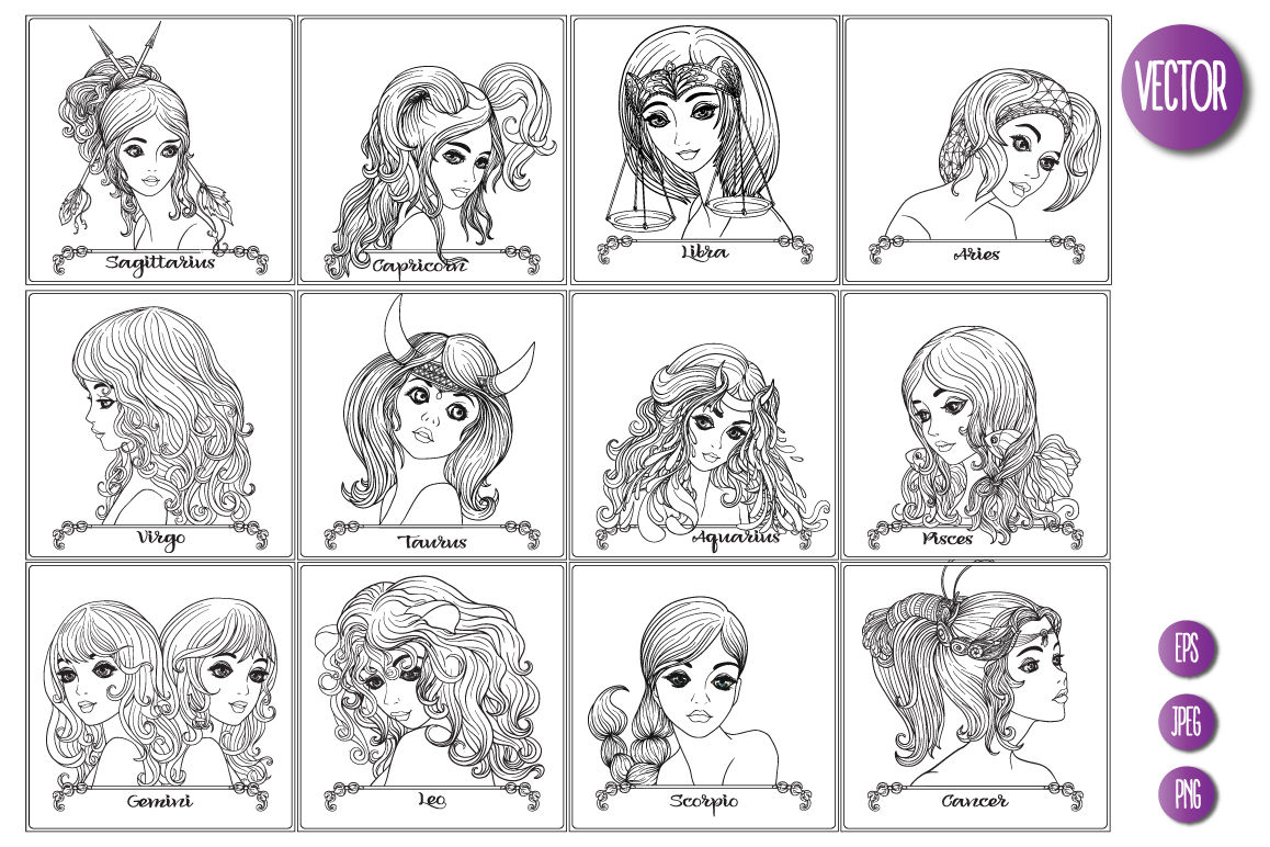 20 Zodiac Girls Coloring Pages By Elen Lane   TheHungryJPEG.com