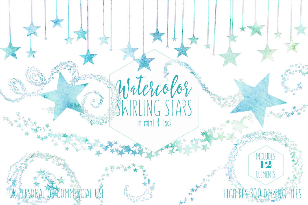 Teal Blue Mint Watercolor Star Clipart Swirling Star Trails Celestial Graphics By Clipartbrat Thehungryjpeg Com