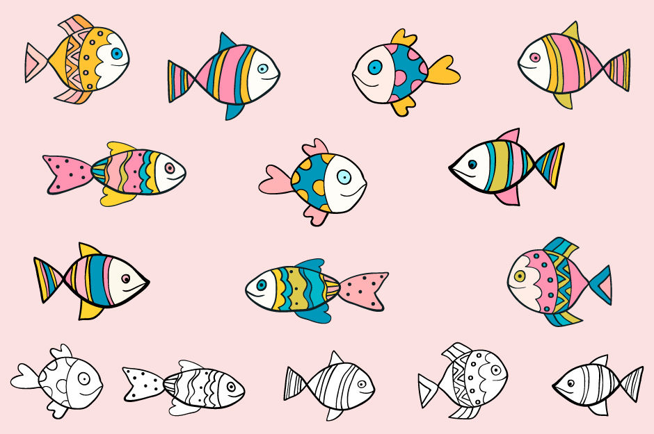Cute doodle fish clipart set, Hand drawn sea animal clip art By