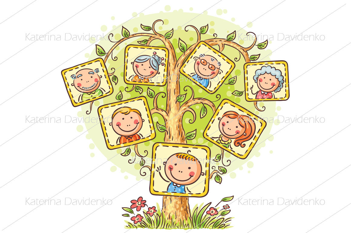 Family tree in pictures, little child with his parents and grandparent By  Optimistic Kids Art | TheHungryJPEG