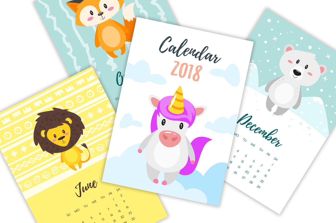 2018 Calendar With Cute Animals By Cartoon Time Thehungryjpeg Com