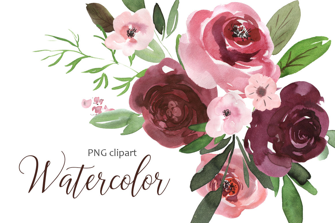 Watercolor pink & burgundy flowers clipart By WatercolorFlowers