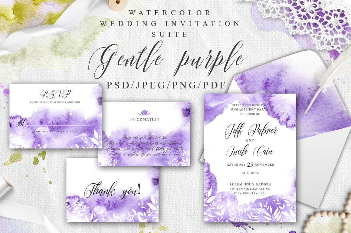 Gentle purple Watercolor Spring Wedding Invitation suite