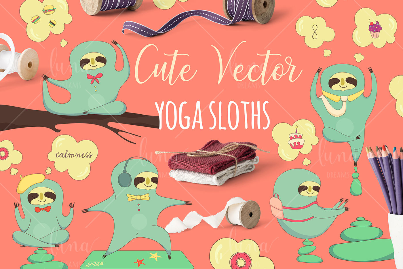 Download Cute Vector Yoga Sloths By PUSHKA DARIA | TheHungryJPEG.com