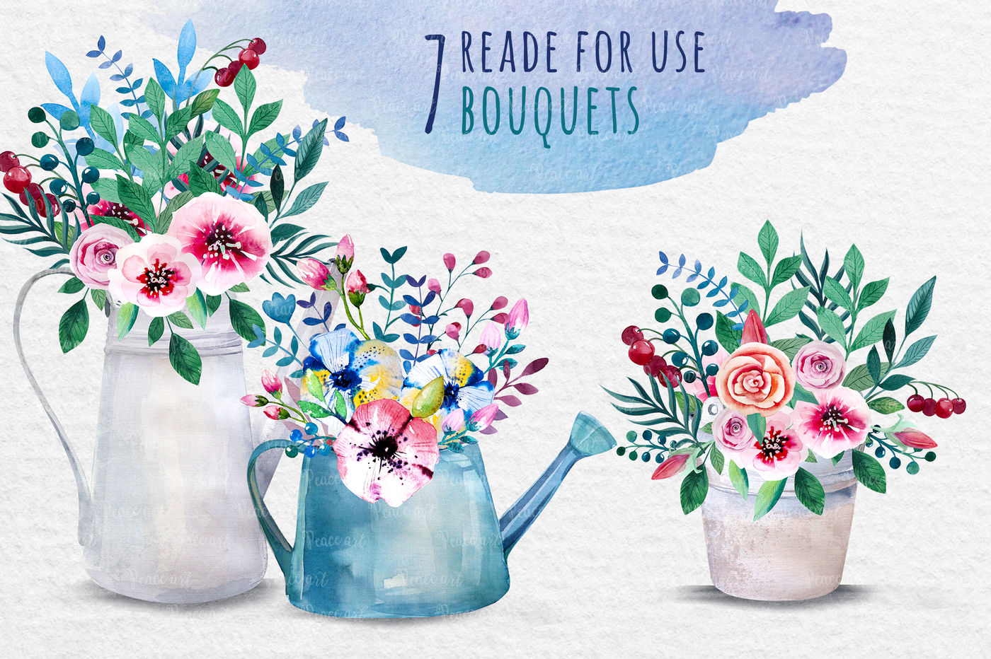 Watercolor bouquets in the watering can and pots By Peace_Shop ...