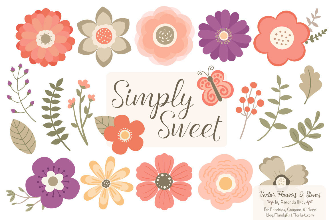 Simply Sweet Vector Flowers Stems Clipart In Antique Peach By Amanda Ilkov Thehungryjpeg Com