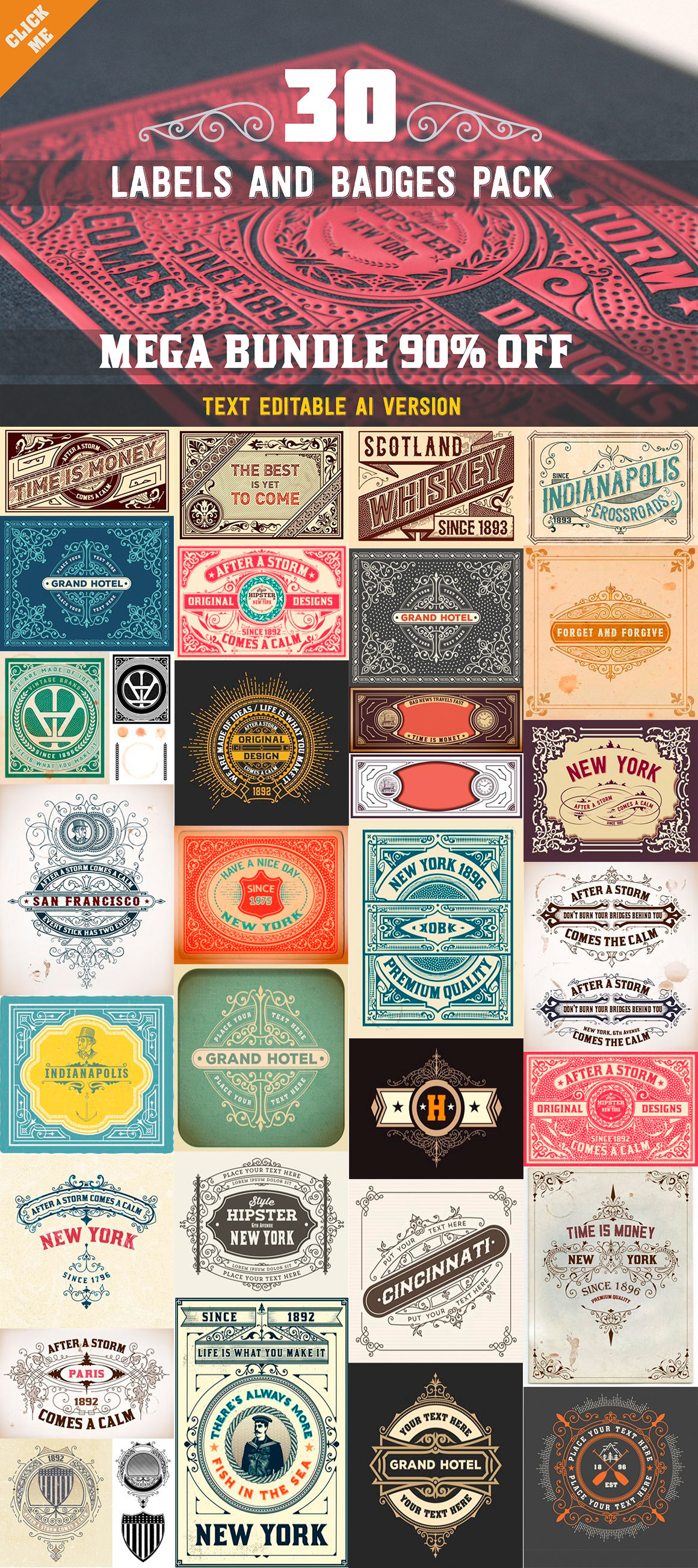 Mega pack with 30 labels and badges By OneVectorStock | TheHungryJPEG