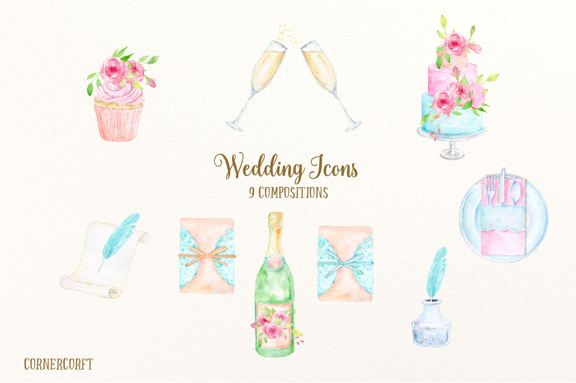 Watercolor Clipart Wedding Icons By Cornercroft | TheHungryJPEG