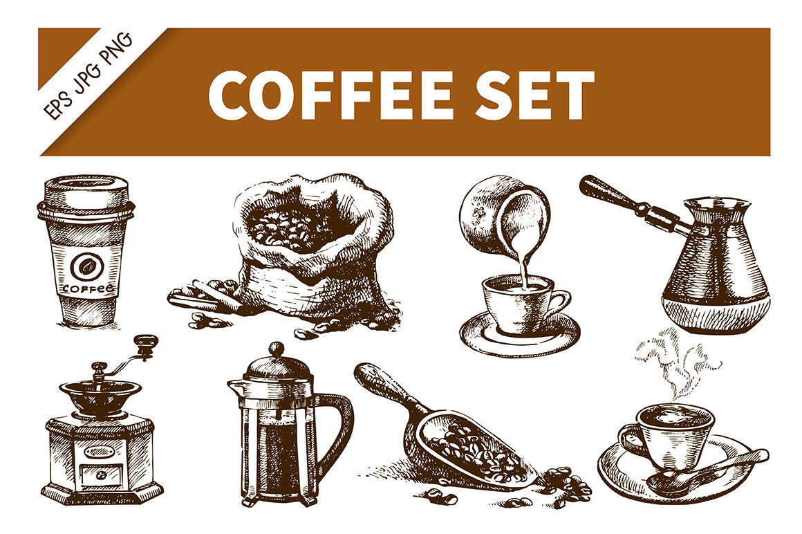 Premium Vector  Hand drawn linear set with coffee stuff and