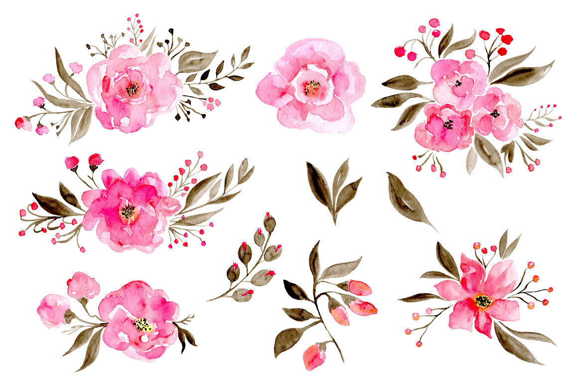 Romantic pink watercolor flowers  roses By 