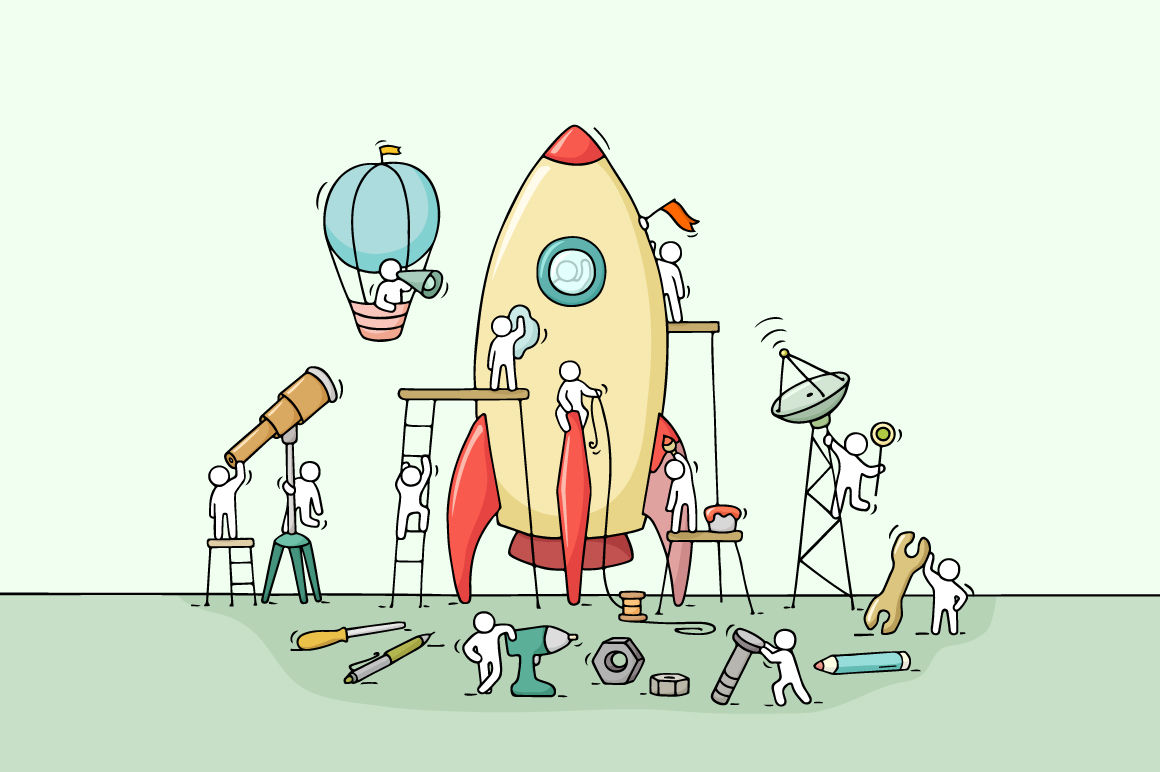 Cartoon teamwork with big rocket By Sapunkele | TheHungryJPEG.com
