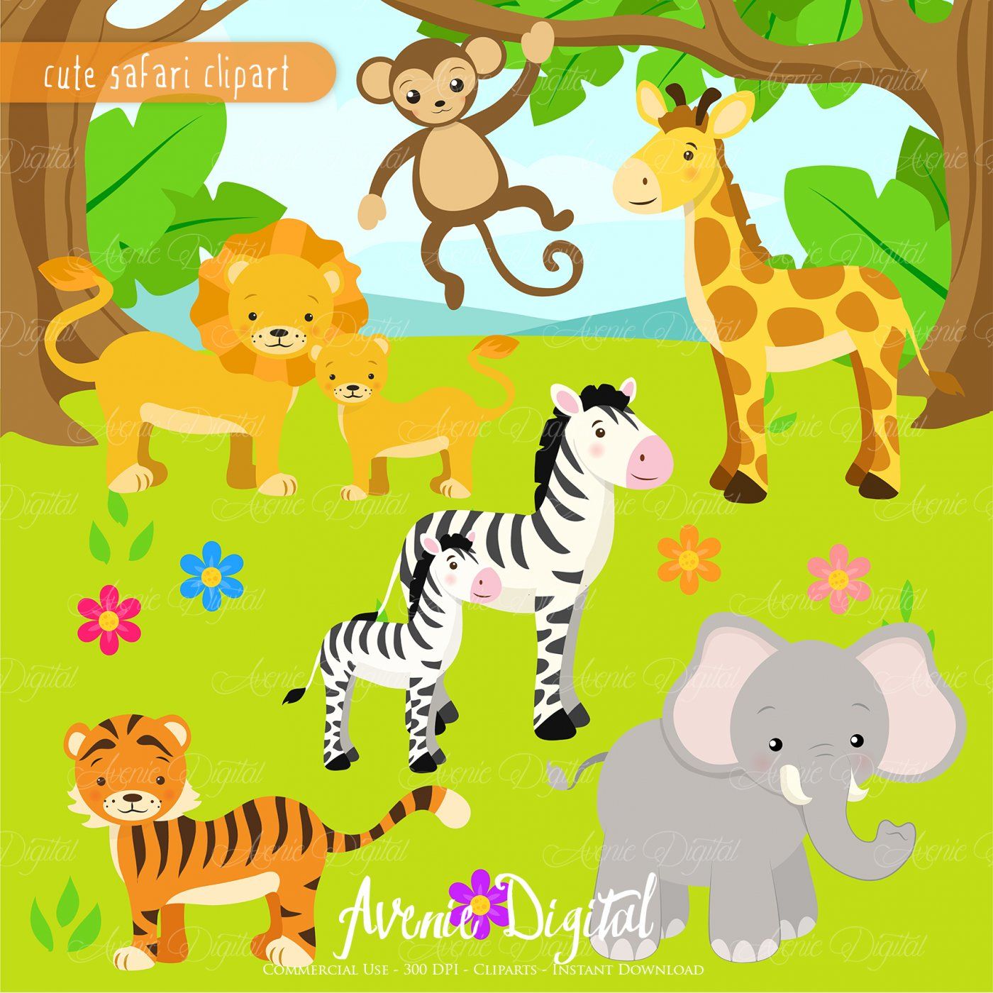 Cute Safari Animals Clipart + Vector By AvenieDigital | TheHungryJPEG