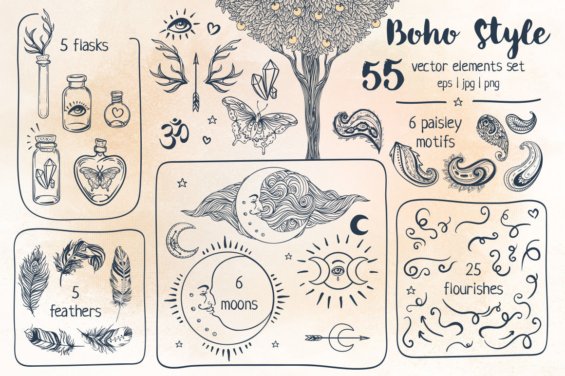 55 Boho Style Vector Set Bonus By Varvara Gorbash Thehungryjpeg Com