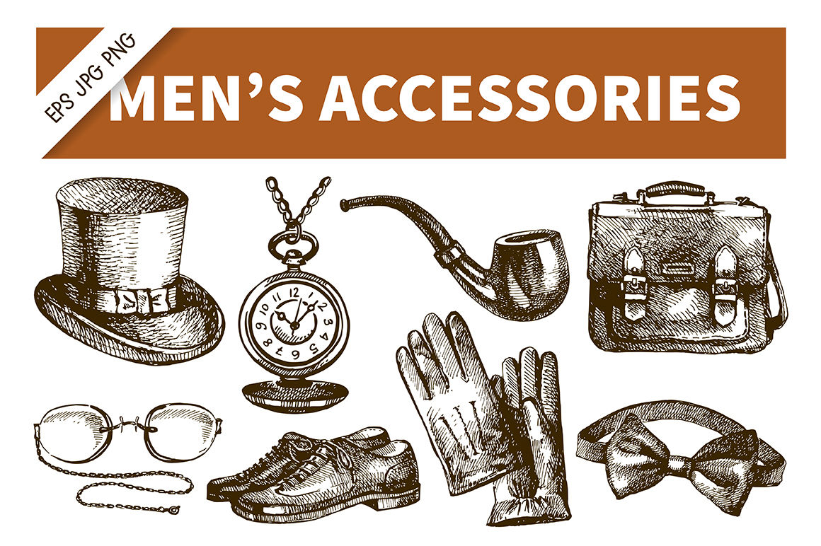 Vintage Men's Accessories Hand Drawn Vector Set By Elena Pimonova