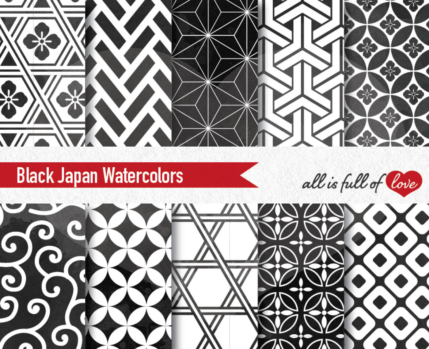 Black Watercolour Japanese Seamless Patterns By All Is Full Of Love Thehungryjpeg Com