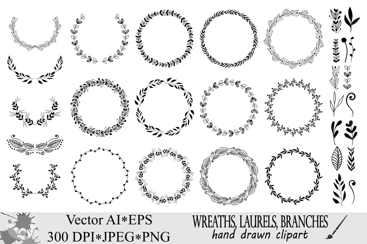 Download Wreath clipart / Hand drawn black round wedding frames, laurels vector By VR Digital Design ...