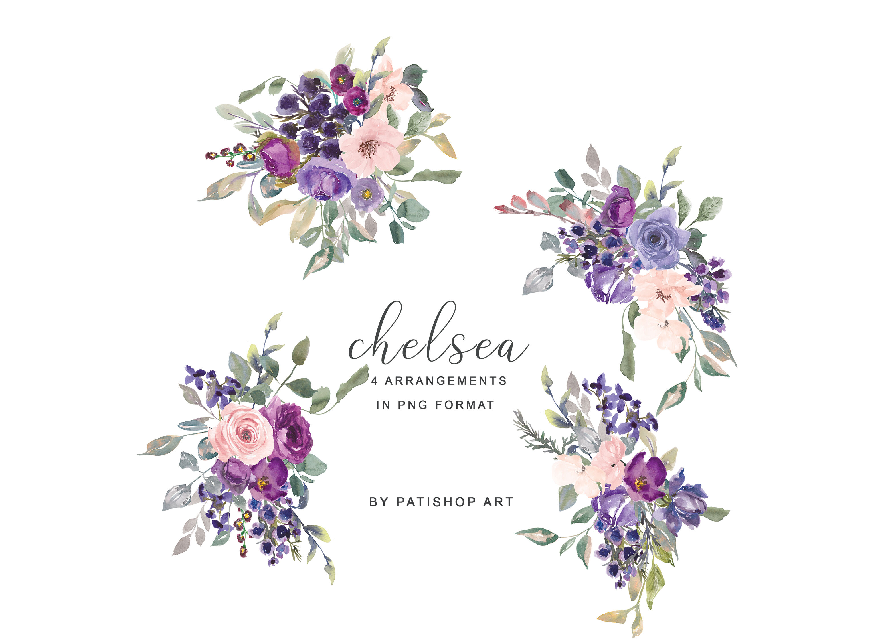 Watercolor Plum Lavender Blush Pink Dark Purple Flowers Arrangements By Patishop Art Thehungryjpeg Com