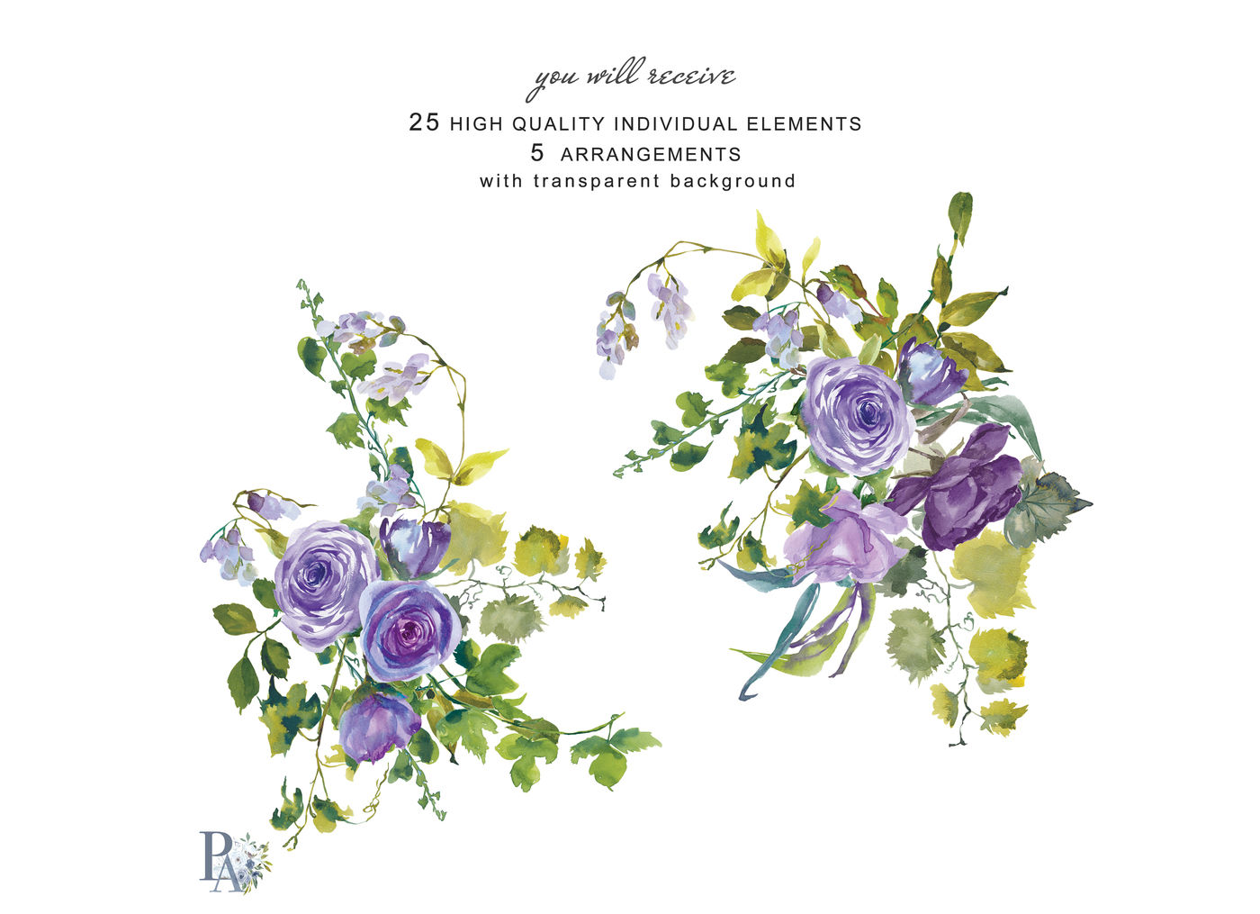 Hand Painted Watercolor Purple Flowers Clip Art Roses