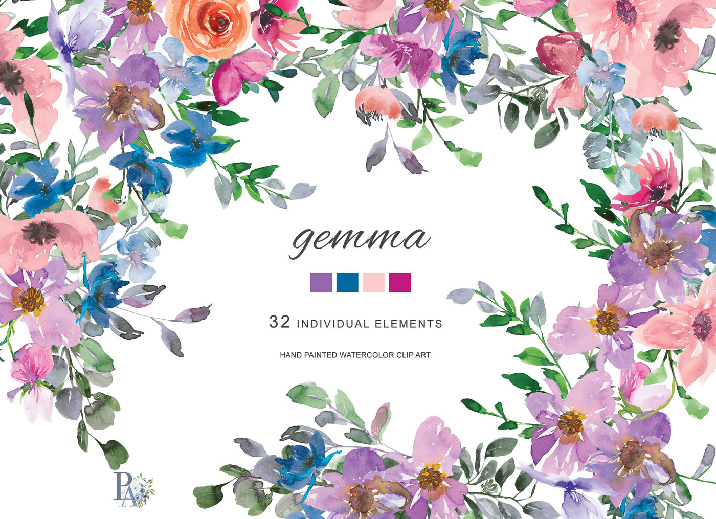 Watercolor Blush Pink Purple Blue Pink Flowers Individual Elements By ...