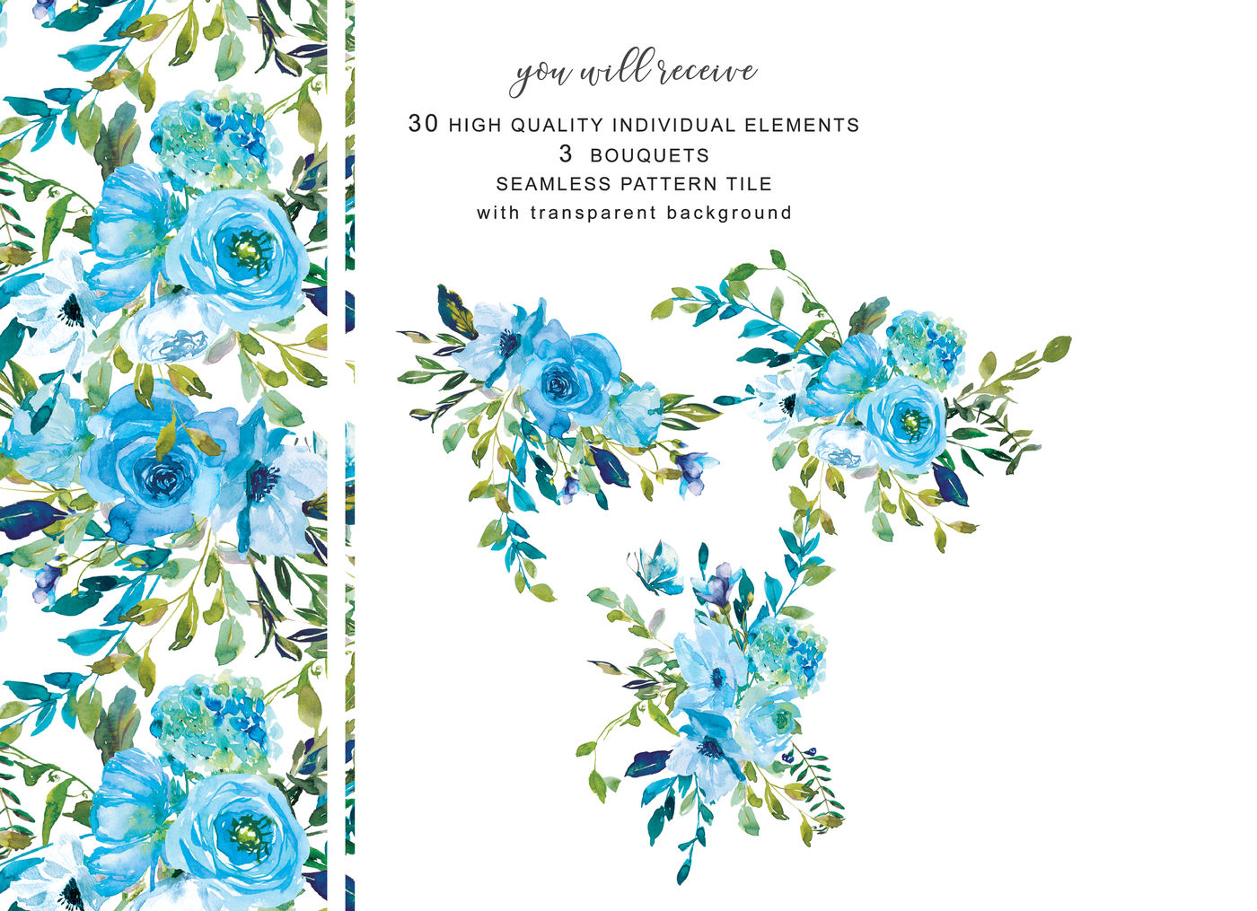 Download Watercolor Blue & Turquoise Florals & Seamless Pattern ...