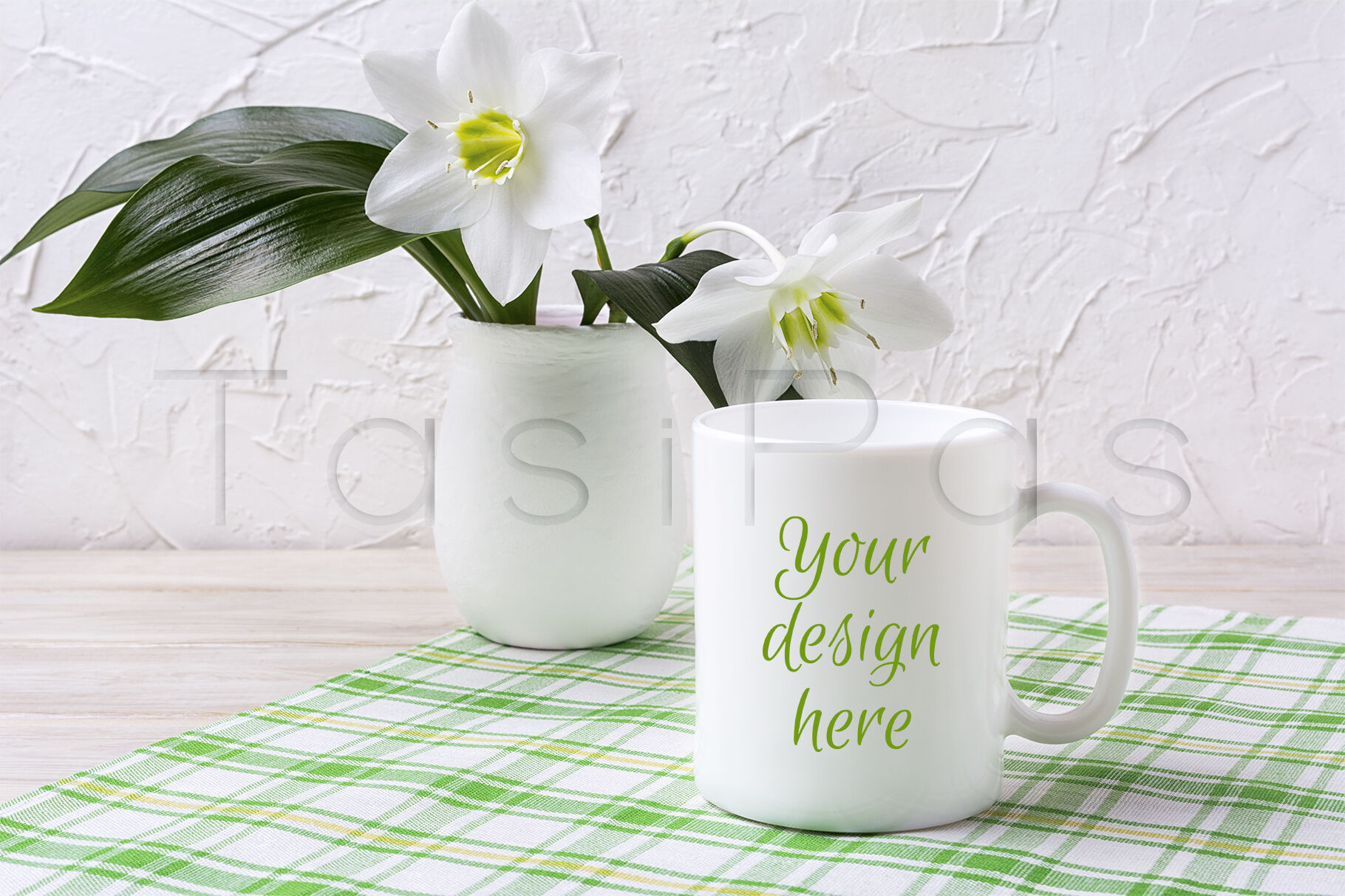 Download White Mug Mockup With Lily In Vase On Green Checkered Napkin By Tasipas Thehungryjpeg Com