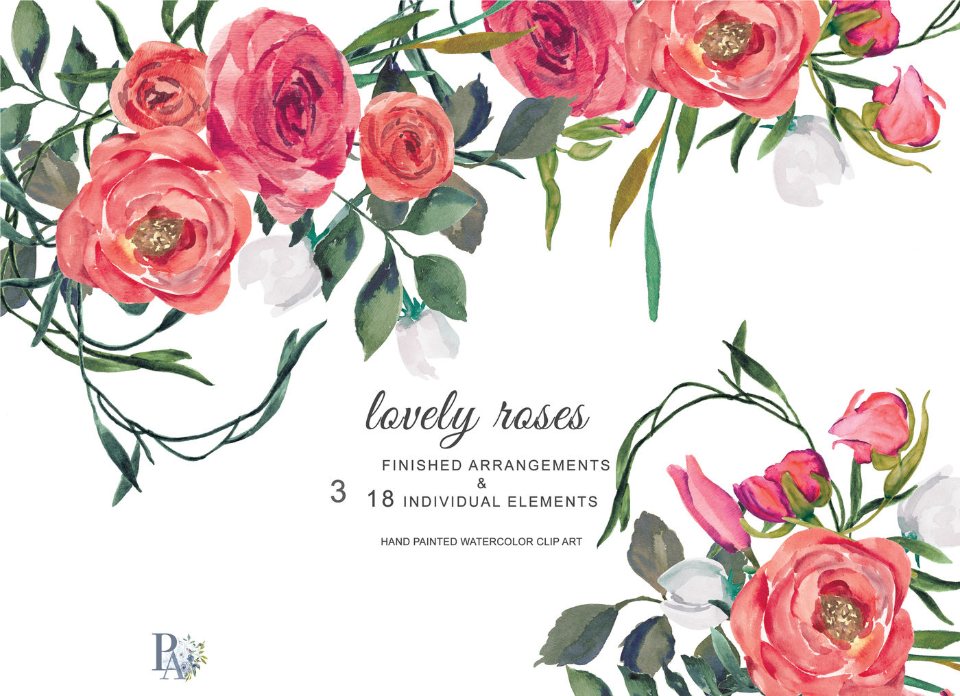 Red Roses Watercolor Flower Clipart Separate Elements Hand Painted Car ...