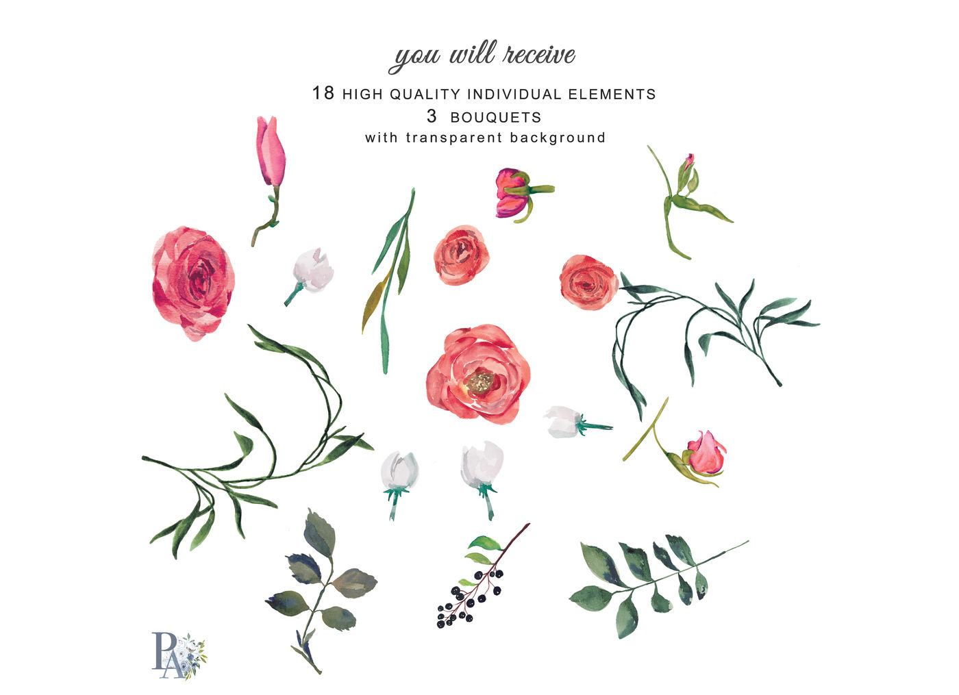 Red Roses Watercolor Flower Clipart Separate Elements Hand Painted