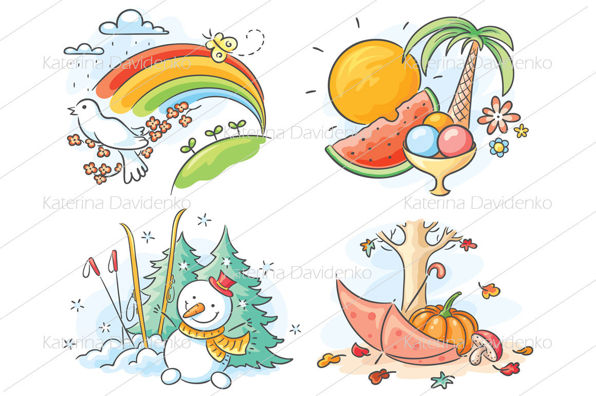 The four seasons in cartoon pictures By Optimistic Kids Art | TheHungryJPEG