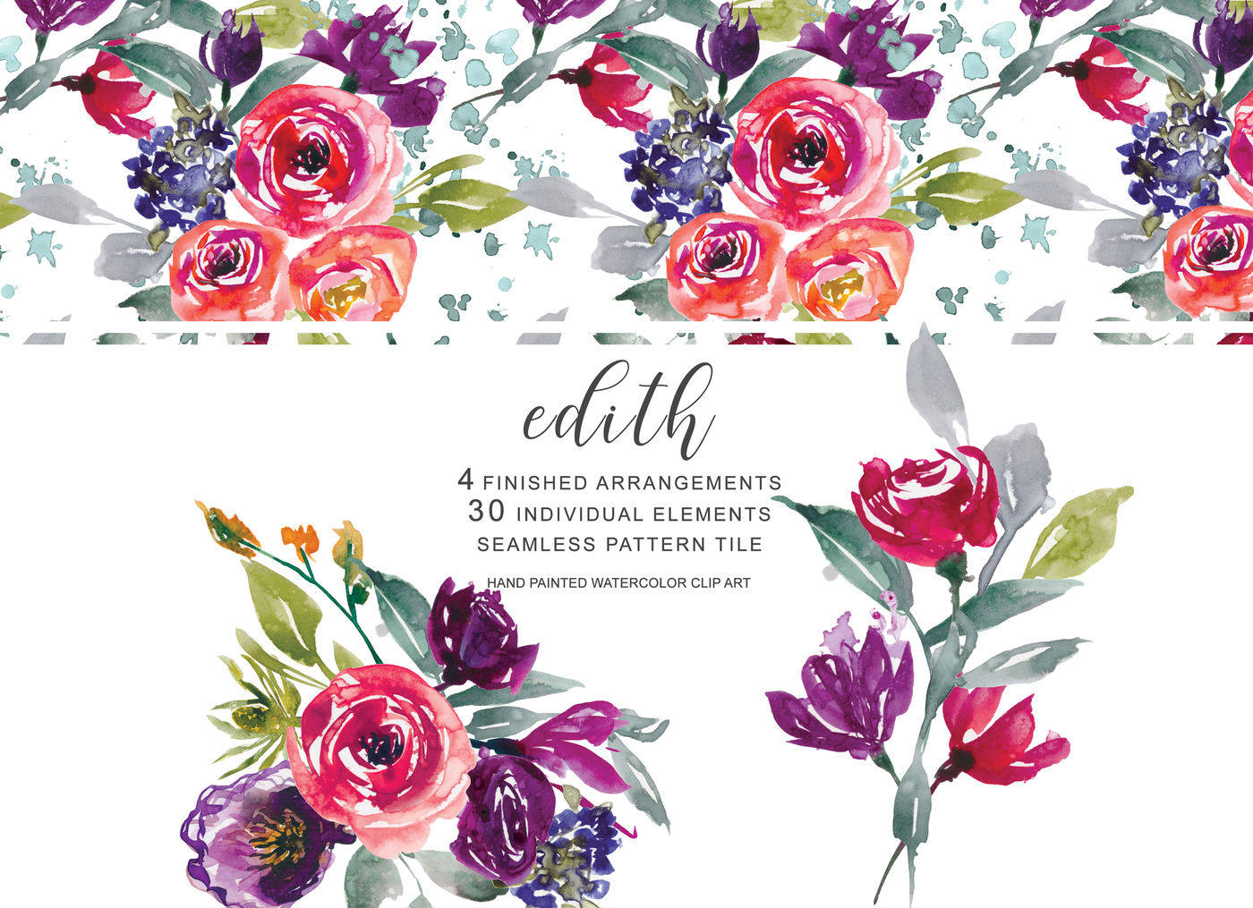 Watercolor Red Purple Orange Flowers Clip Art Set Hand Painted By ...