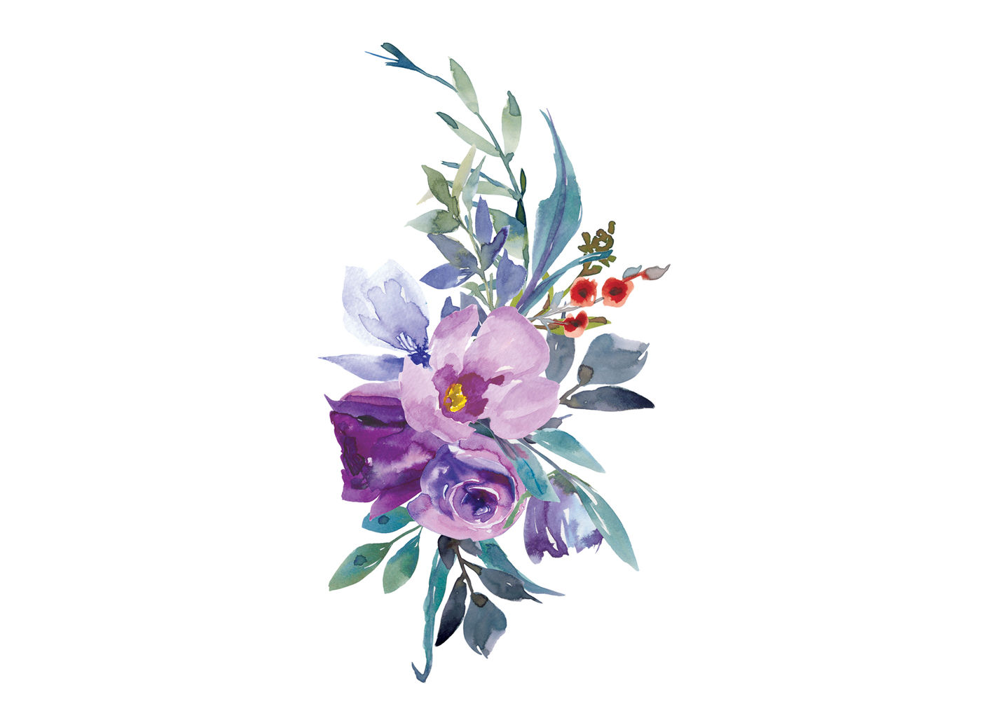 Watercolor Purple Magnolia and Rose Flowers Arrangements Clipart By ...