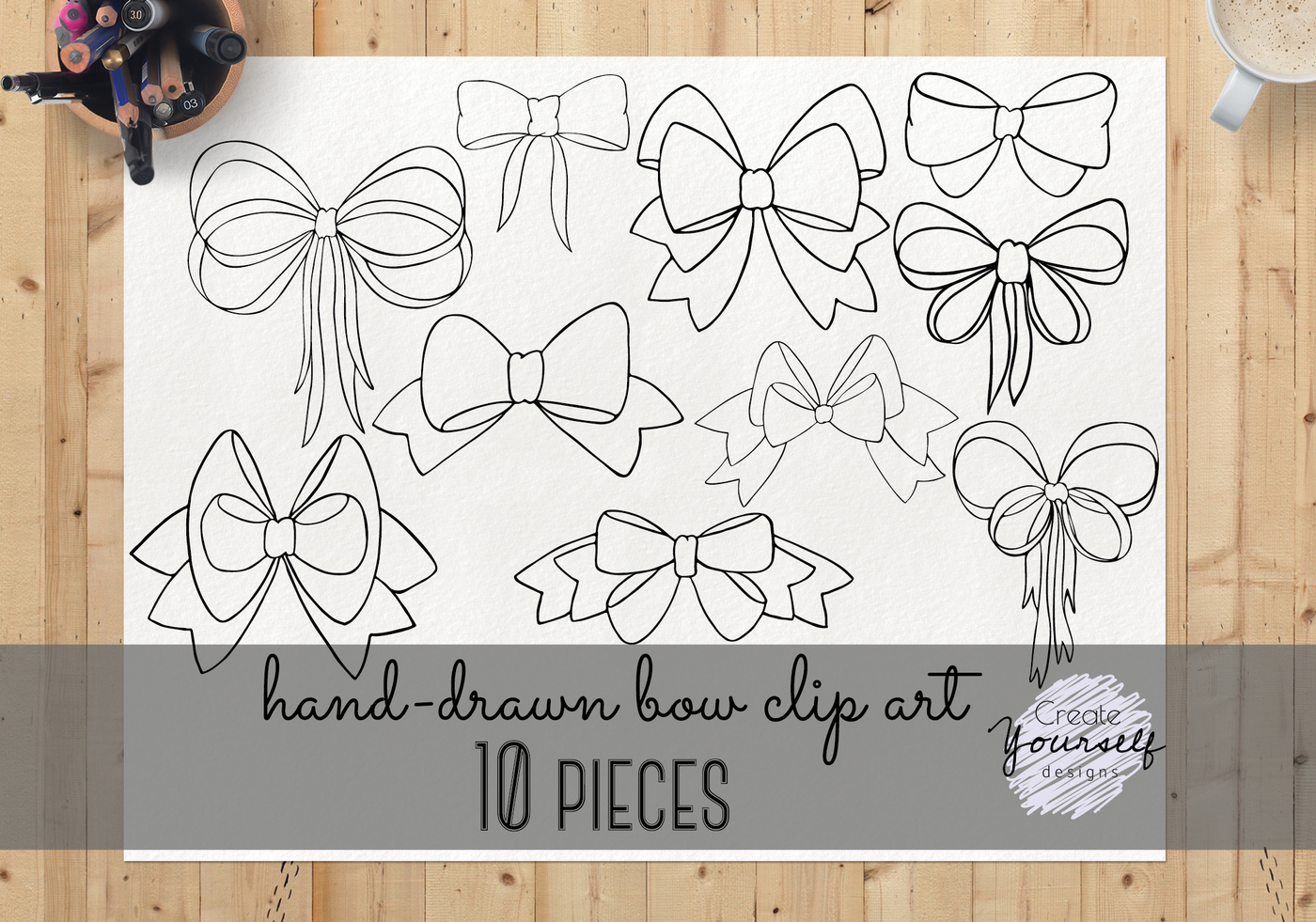 Hand drawn bow clip art set - doodle ribbon clip art, bow elements By ...