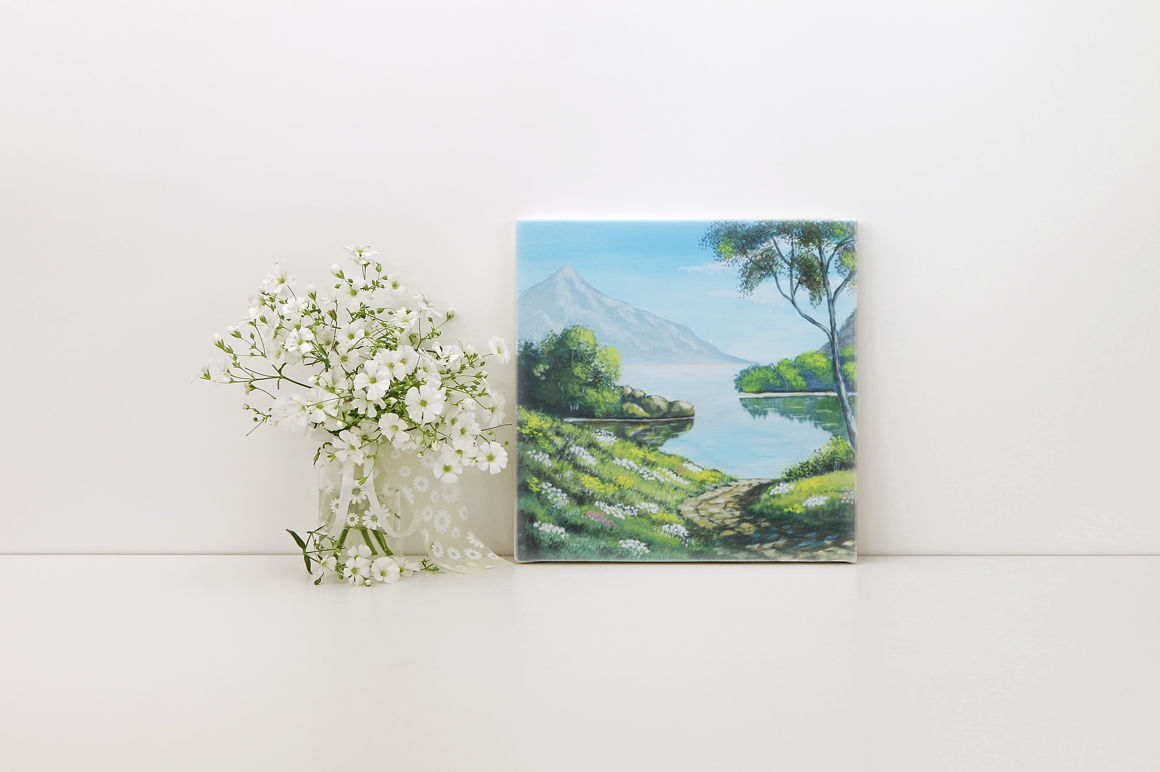 Download Square canvas mockup, white flowers, styled stock photo By Optimistic Kids Art | TheHungryJPEG.com