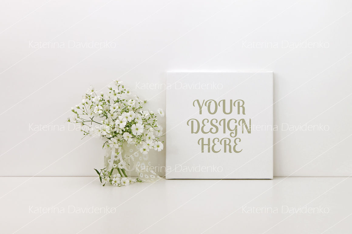 Download Square canvas mockup, white flowers, styled stock photo By Optimistic Kids Art | TheHungryJPEG.com