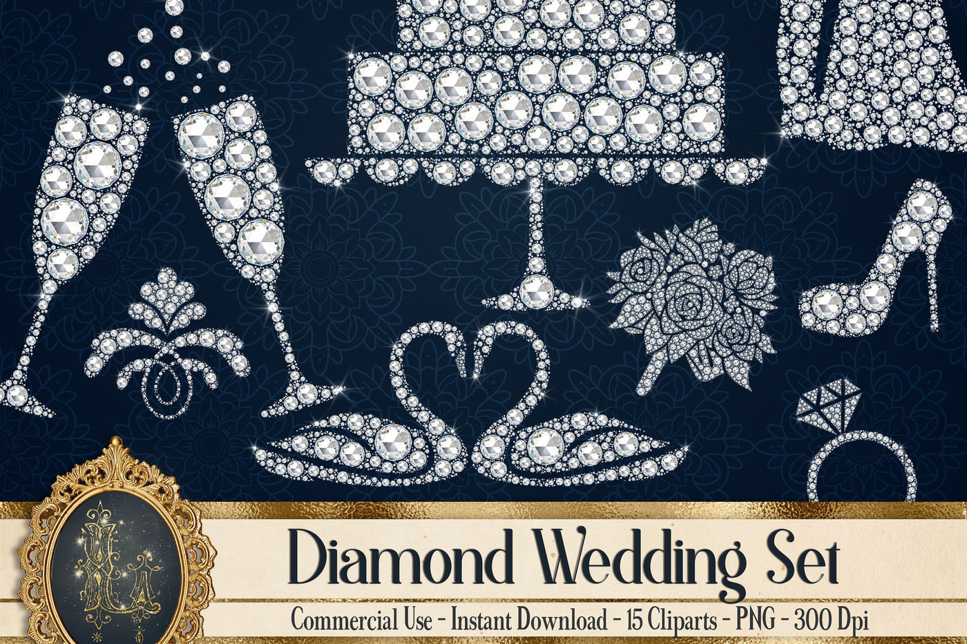 15 Diamond Wedding Clip Arts Champagne Glass Swan Bouquet Bridal By Artinsider Thehungryjpeg Com