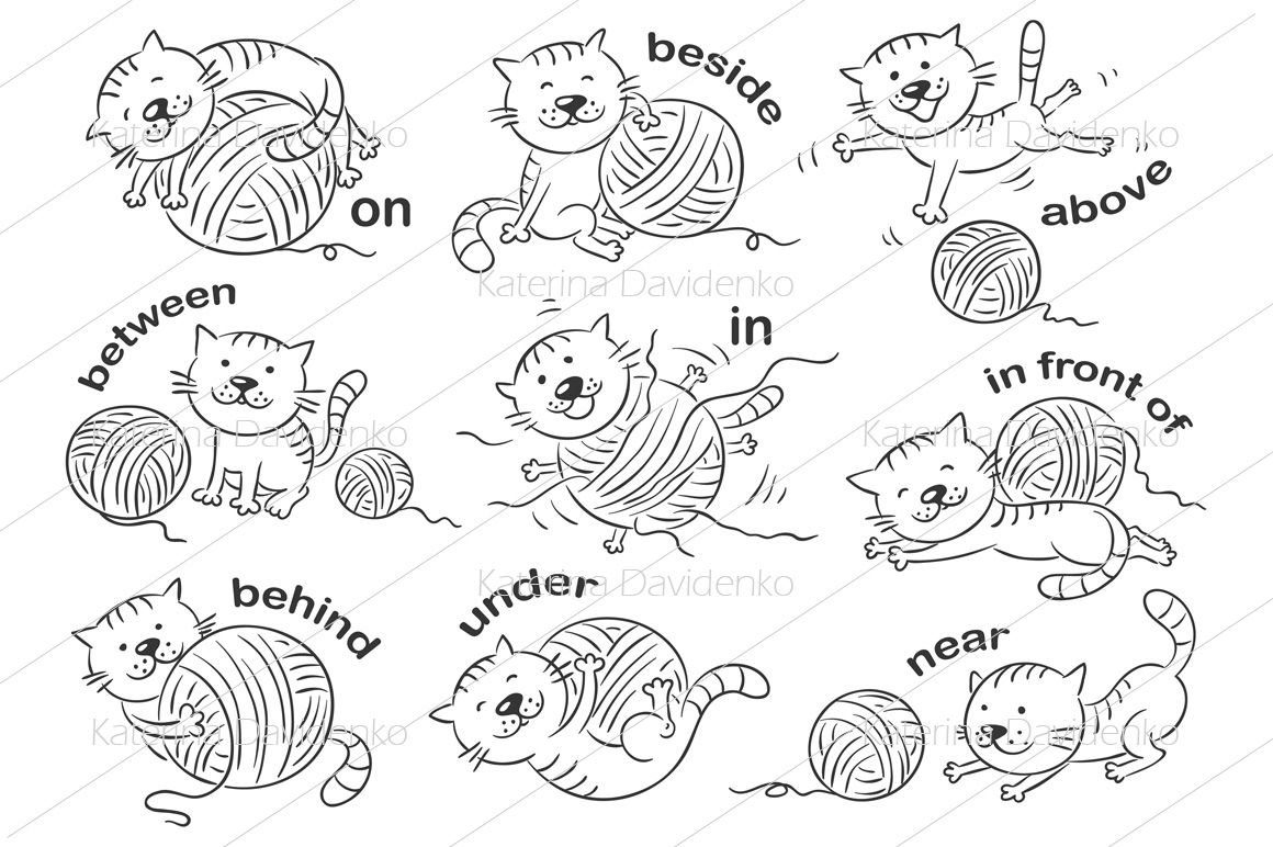 Cartoon cat in different poses to illustrate the prepositions of place By  Optimistic Kids Art | TheHungryJPEG