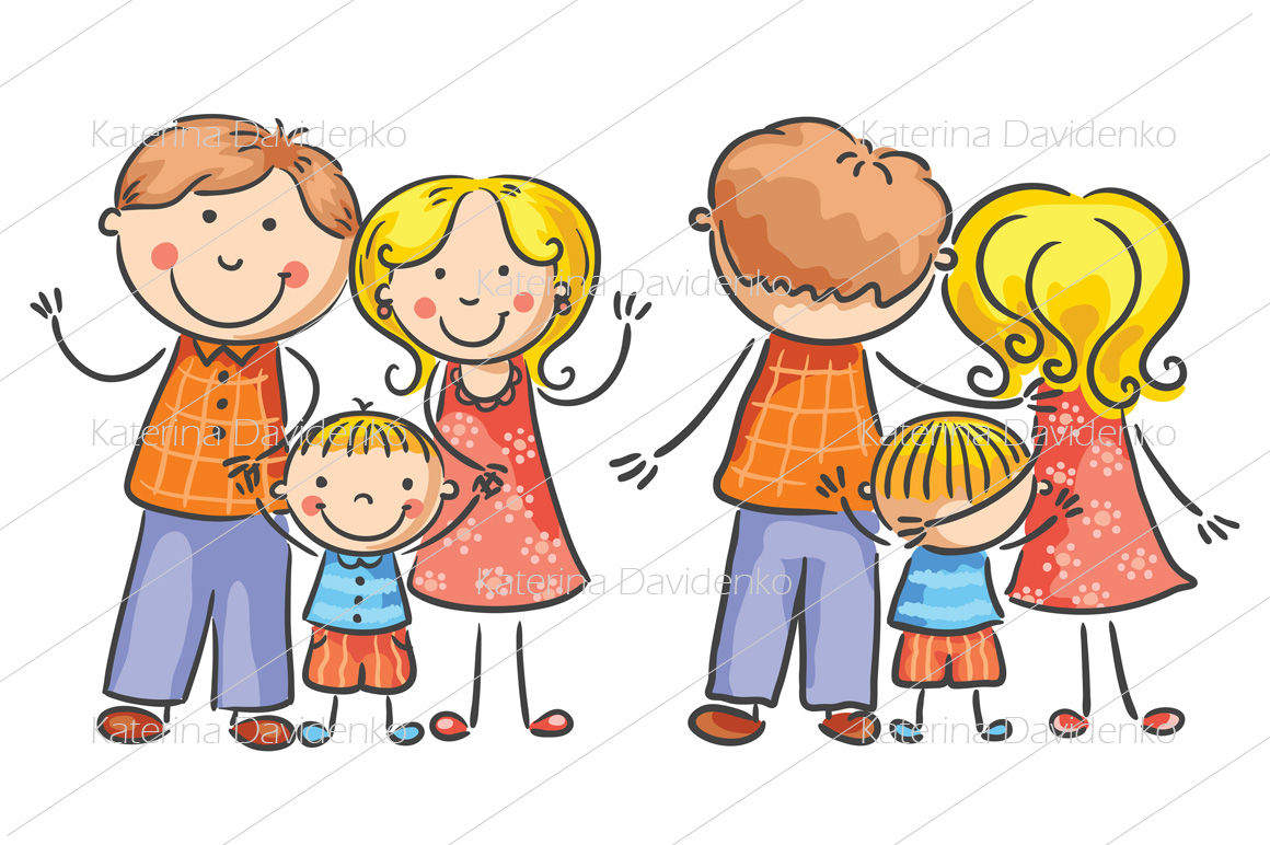 Happy cartoon family with one child, both front and rear views By ...