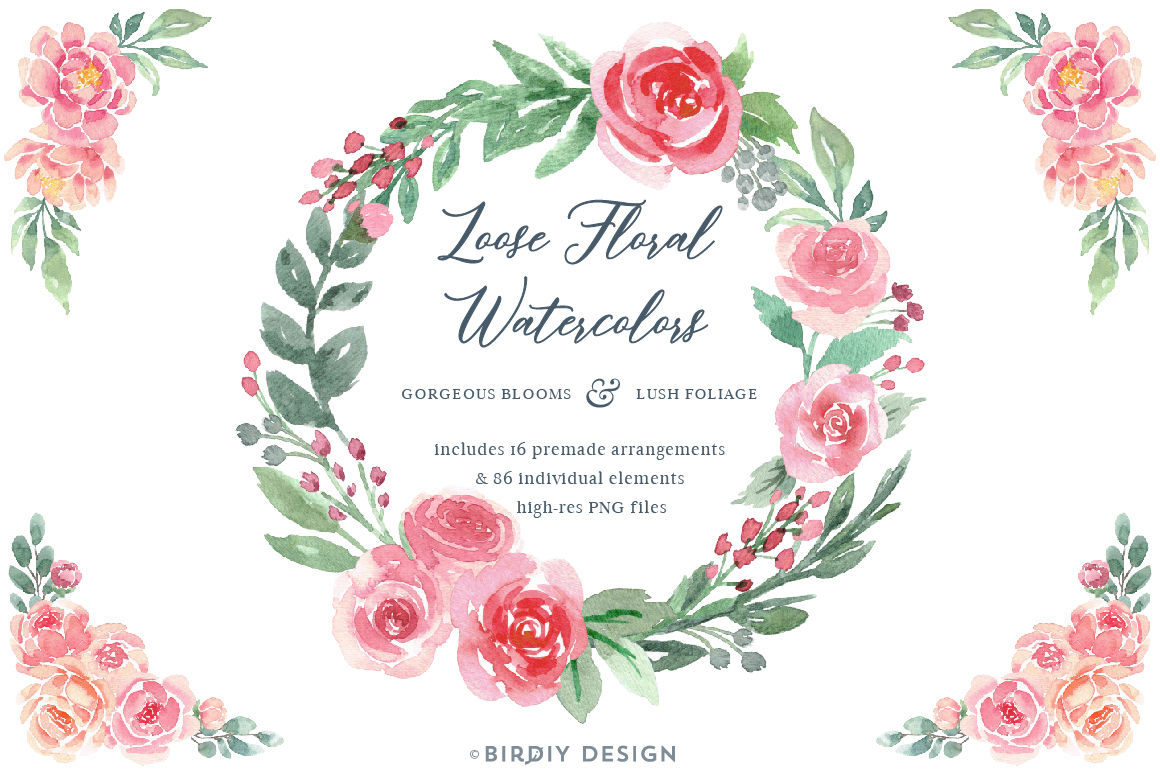 Loose Watercolor Roses & Peonies By BirDIY Design